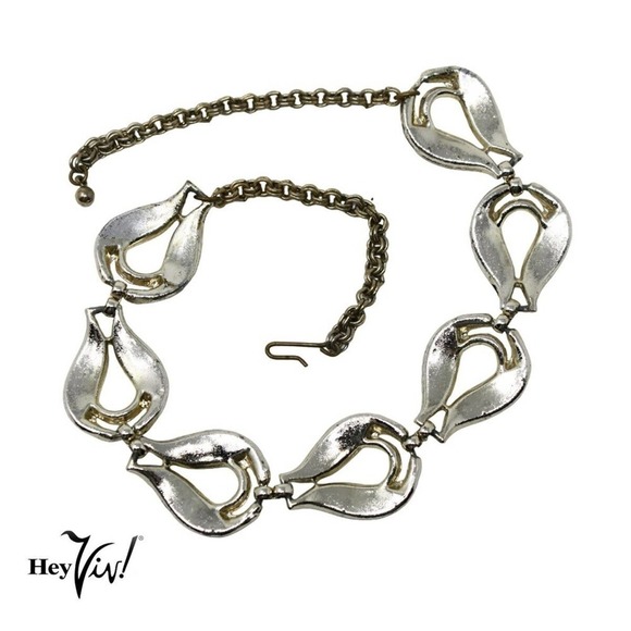 Vintage Curved 16" Choker Chunky Necklace w Black Enamel on Silver Metal - Hey - Picture 4 of 5